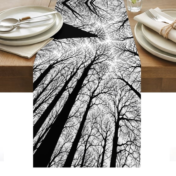 Towering Tree Trunks Table Runner, Minimalist Nature Silhouette Blank White Sky Washable Kitchen Table Runners Dress Scarves for Dining Table Decorations Party/Restaurant/Indoor Outdoor Use, 13x36in