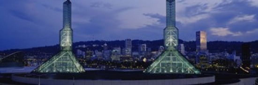 Towers Lit Up At Dusk Convention Center Portland Oregon USA Canvas Art - Panoramic Images (18 x 6)