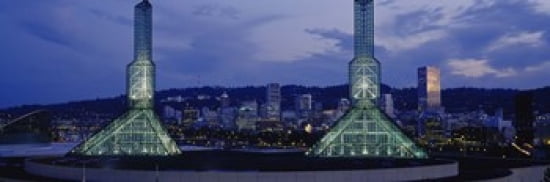 Towers Lit Up At Dusk Convention Center Portland Oregon USA Canvas Art - Panoramic Images (36 x 12)