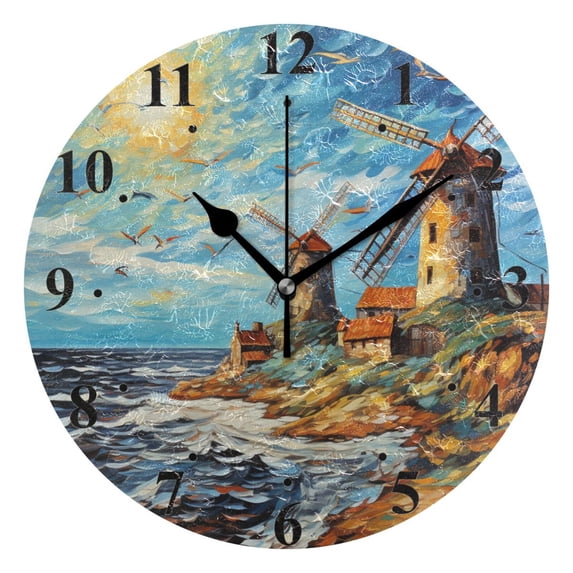 Towers Sun Sea Painting Black 10 inch Wall Clocks Non Ticking Easy to Read Battery Decorative for Home Bathroom Kitchen Bedroom Living Room