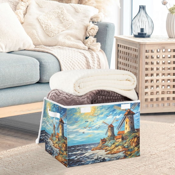 Towers Sun Sea Painting Storage Basket Foldable Laundry Basket Shelf Kids Toy Storage Container Organizer with Handles