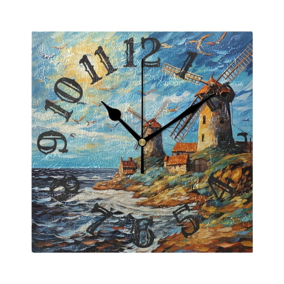 Towers Sun Sea Painting Wall Clock Square Silent Non Ticking Battery Operated Clock for Home Bathroom Kitchen Bedroom Living Room