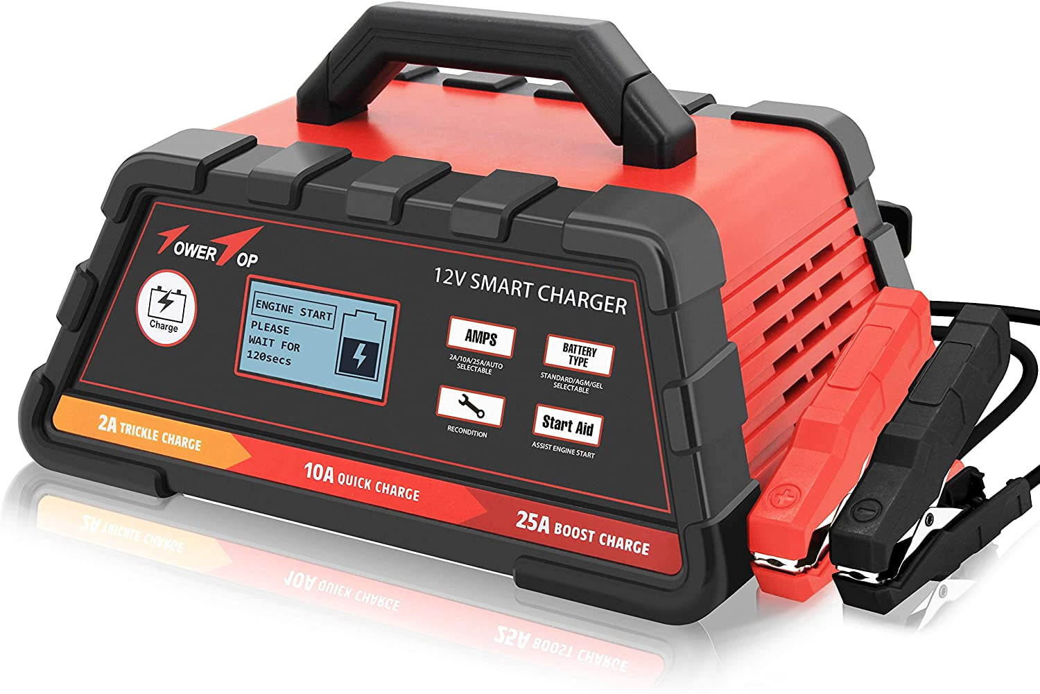 Towertop 12V 2/10/25A Smart Battery Charger/Maintainer Fully Automatic with  Engine Start, Cable Clamps