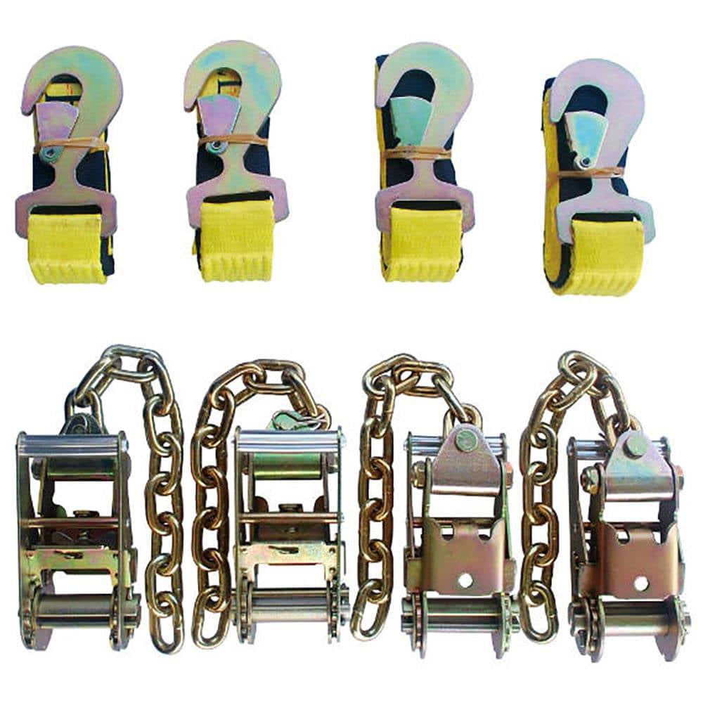 Towing 4 Point Tie Down, 4 Ratchets w/Chain Ends, 4 Flat Snap Straps
