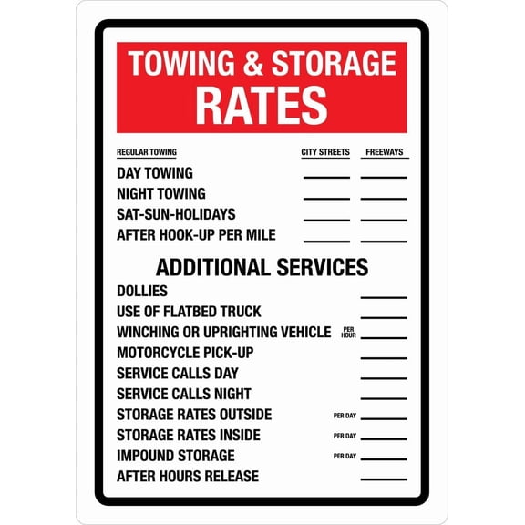 Towing And Storage Rates Metal Portrait Sign, Safety Warning Notice Wall Decor, 8 x 12 Inch