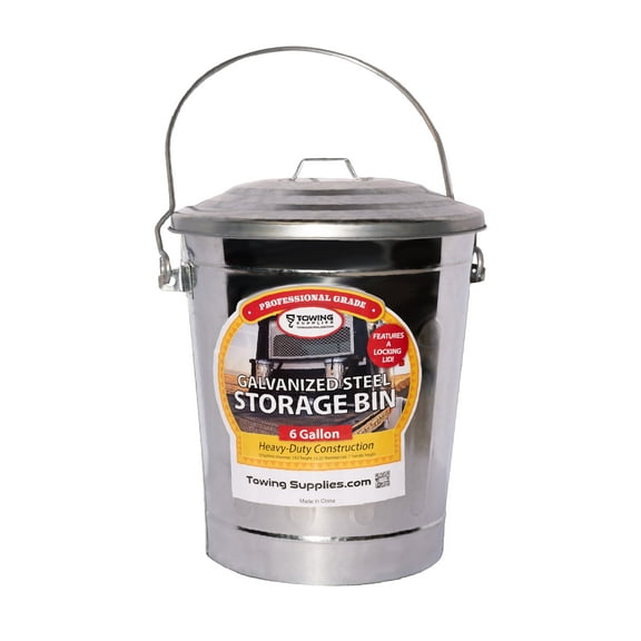 Towing Supplies Galvanized Steel 6 Gallon Tow Truck Trash Cans w/ Lid & Locking Handle | 4 PACK