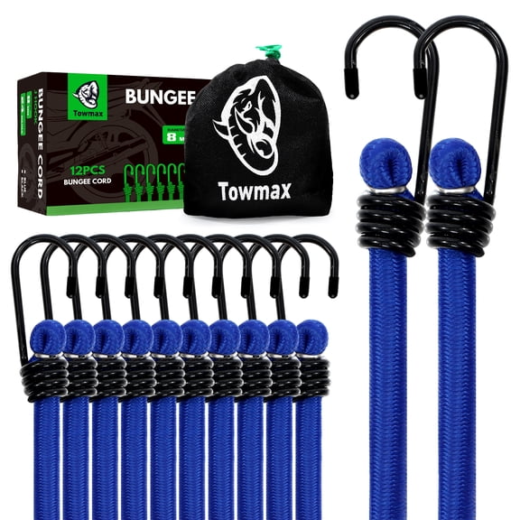 Towmax 24 Inch Bungee Cord with Hooks, Bungee Cord Heavy Duty Outdoor, No Odour Industrial Grade Bungie Cord for Camping, Kayaking or Fastening Items 12 Pcs (Black)