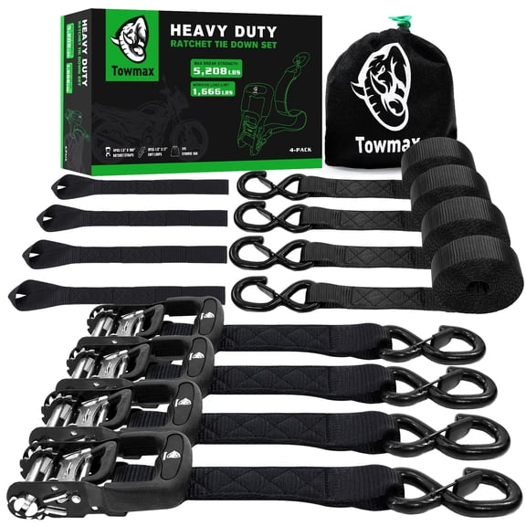 Towmax Heavy Duty Ratchet Straps (4 Pack) - Motorcycle Straps Tie Downs 5,208lb Break Strength - 1.5 in x 15ft Ratchet Tie Down Straps,15" Soft Loop Tie Down Straps for Truck, Cargos