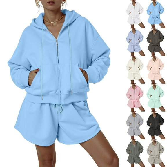 Towmus 2 Piece Sweatsuit Outfits for Women Half Zip Long Sleeve Pullover Sweatshirt Drawstring Shorts Lounge Set with Pockets Ladies Clothes