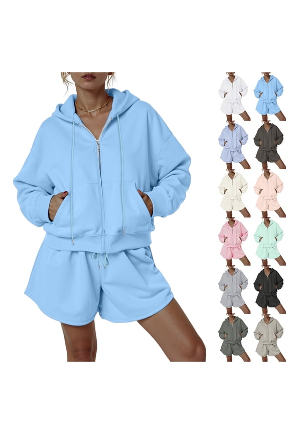 2 Piece Sweatsuit Outfits for Women Half Zip Long Sleeve Pullover Sweatshirt Drawstring Shorts Lounge Set with Pockets Ladies Clothes