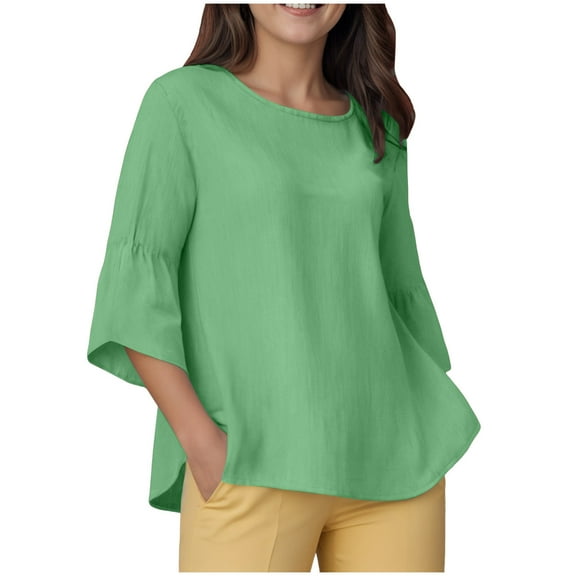 Towmus 3/4 Length Sleeve Womens Tops 2025 Fall Crewneck Going Out Blouse Cotton Linen Casual Three Quarter Sleeve Shirts