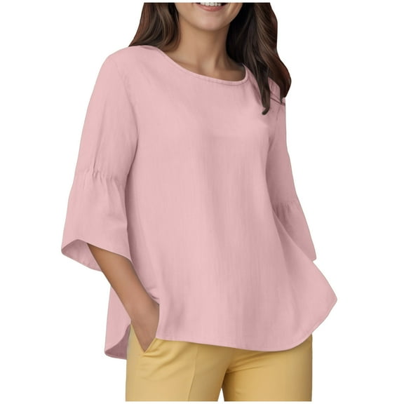 Towmus 3/4 Length Sleeve Womens Tops 2025 Fall Crewneck Going Out Blouse Cotton Linen Casual Three Quarter Sleeve Shirts