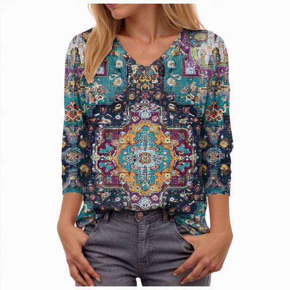 Towmus 3/4 Length Sleeve Womens Tops Casual V Neck Shirts Soft Basic Tees Business Work Blouses