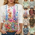 thumbnail image 1 of Towmus 3/4 Length Sleeve Womens Tops Cotton Floral Print Dressy Blouses Crew Neck Casual Tunic Tops Summer Shirts, 1 of 5