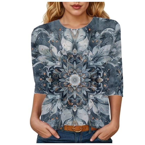 Towmus 3/4 Length Sleeve Womens Tops Cotton Floral Print Dressy Blouses Crew Neck Casual Tunic Tops Summer Shirts