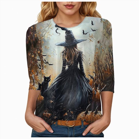 Towmus 3/4 Length Sleeve Womens Tops Fall V-Neck Blouses Spring 3/4 Sleeve Tunic T-Shirts Dressy Casual