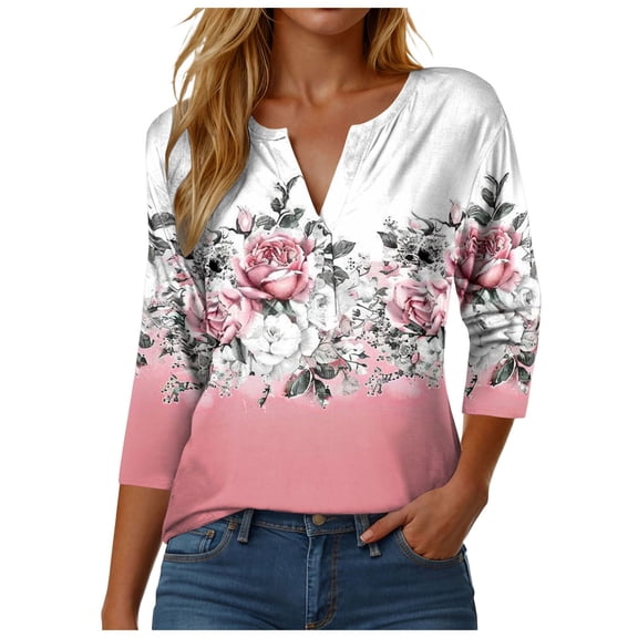 Towmus 3/4 Length Sleeve Womens Tops Plus Size Blouses Regular Fit T-Shirts Floral Print Tops V Neck Blouses Casual T Shirts Button Up Button Down Pullover Summer Tees