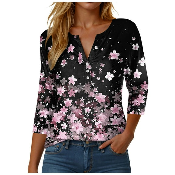 Towmus 3/4 Length Sleeve Womens Tops Plus Size Blouses Regular Fit T-Shirts Floral Print Tops V Neck Blouses Casual T Shirts Button Up Button Down Pullover Summer Tees