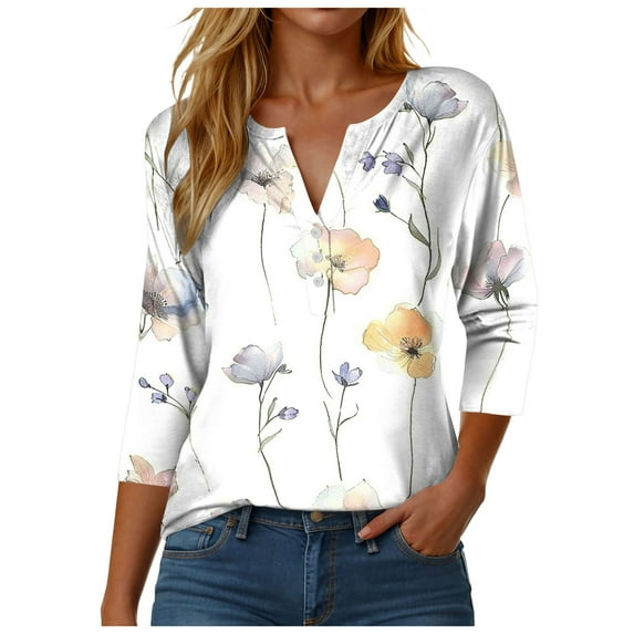 Towmus 3/4 Length Sleeve Womens Tops Plus Size Blouses Regular Fit T-Shirts Floral Print Tops V Neck Blouses Casual T Shirts Button Up Button Down Pullover Summer Tees