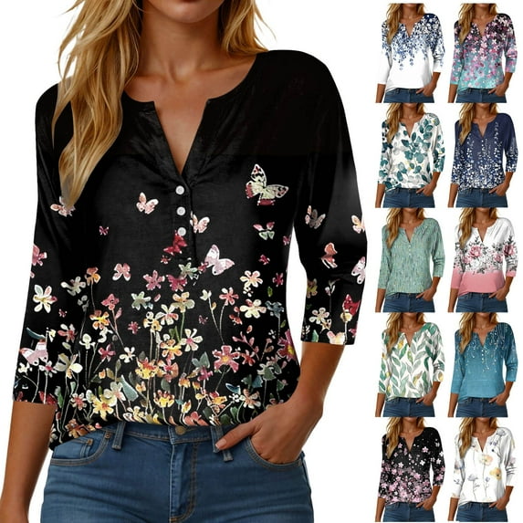 Towmus 3/4 Length Sleeve Womens Tops Plus Size Blouses Regular Fit T-Shirts Floral Print Tops V Neck Blouses Casual T Shirts Button Up Button Down Pullover Summer Tees