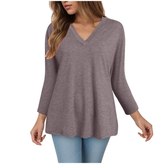 Towmus 3/4 Length Sleeve Womens Tops V Neck Casual Tunic Tops Basic Black Shirts Lightweight Blouse
