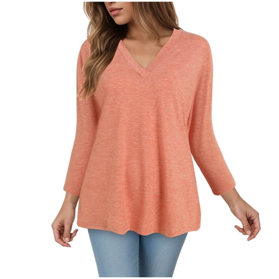 Towmus 3/4 Length Sleeve Womens Tops V Neck Casual Tunic Tops Basic Black Shirts Lightweight Blouse
