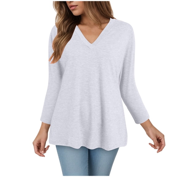 Towmus 3/4 Length Sleeve Womens Tops V Neck Casual Tunic Tops Basic Black Shirts Lightweight Blouse