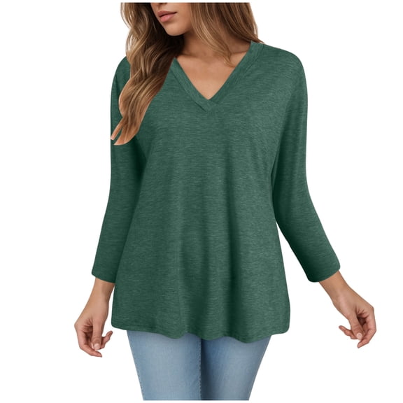 Towmus 3/4 Length Sleeve Womens Tops V Neck Casual Tunic Tops Basic Black Shirts Lightweight Blouse