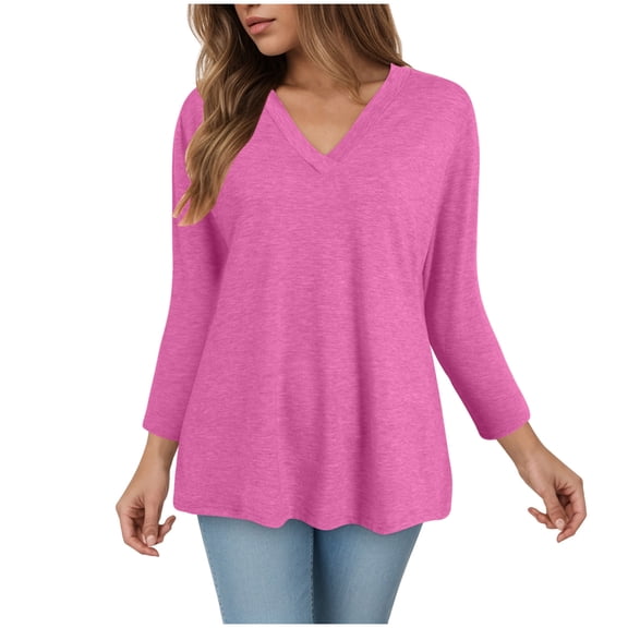 Towmus 3/4 Length Sleeve Womens Tops V Neck Casual Tunic Tops Basic Black Shirts Lightweight Blouse