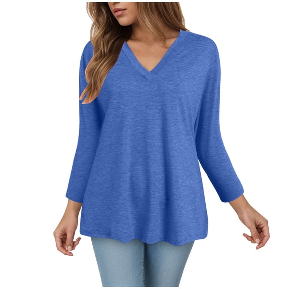Towmus 3/4 Length Sleeve Womens Tops V Neck Casual Tunic Tops Basic Black Shirts Lightweight Blouse