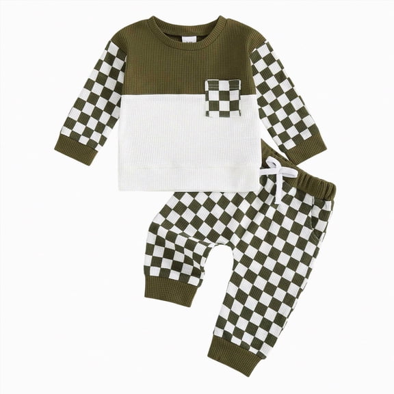Towmus Baby Toddler Boy Fall Outfits 0 6 12 18 24 Months 2T Long Sleeve Checkerboard Patchwork Tops   Pants Set Newborn Warm Clothes Sets