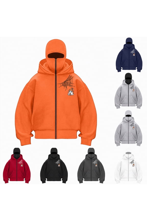 Balaclava Halloween Hoodie Graphic Sweatshirt Zipper, Built-In Eye Mask, Double Hooded Full Zip Winter Coats with Pocket, Unisex, Orange， 2XL