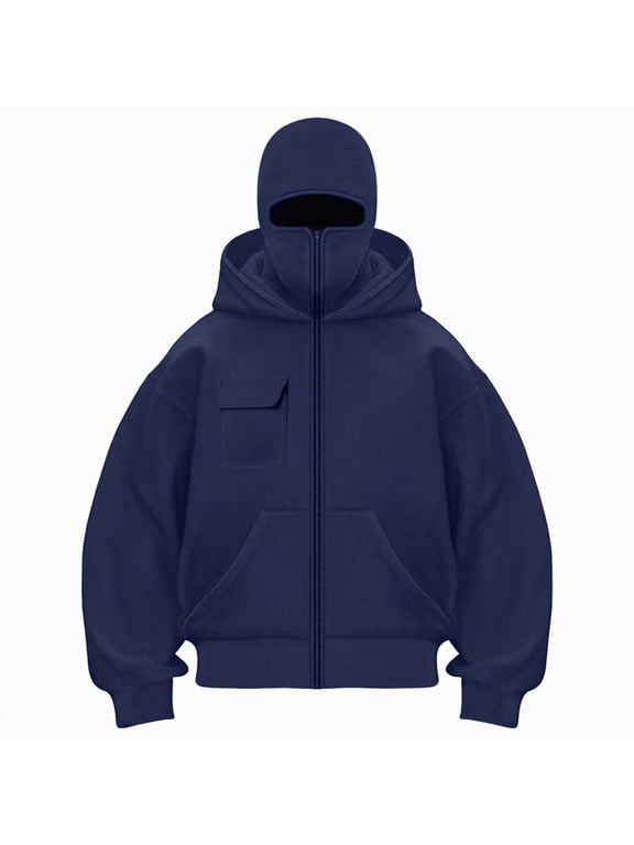 Balaclava Hoodie Jacket for Women Men, Y2K Zip Up Fashion Outerwear Double Layer Hooded Pullover, Winter Hip Hop Streetwear