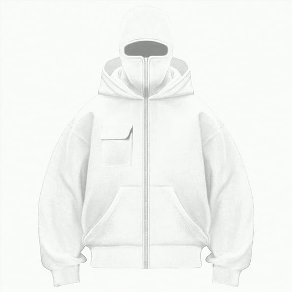 Towmus Balaclava Hoodie Zippe for Women Men, Double Hooded Full Zip Jacket With Front pocket, Built-In Eye Mask, Full Zip Hooded Sweatshirt, White, S