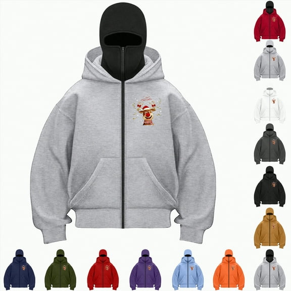Towmus Balaclava Hoodie for Women Double Hooded Full Zip Christmas Sweatshirts with Built-In Eye Mask