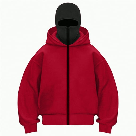 Towmus Balaclava Zip Hoodie Double Hood Y2K Winter Coats Built-In Eye Mask Jacket Hooded Sweatshirt, Unisex