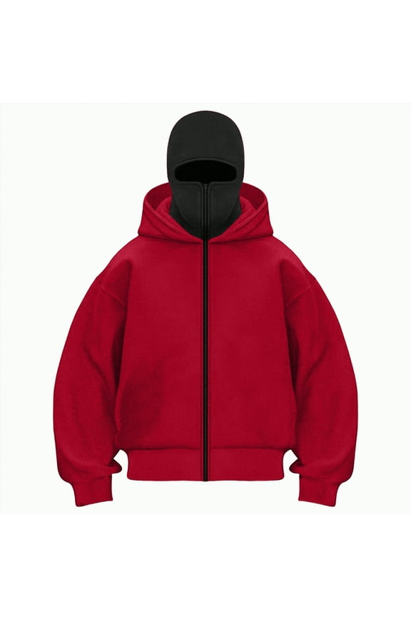 Balaclava Zip Hoodie Double Hood Y2K Winter Coats Built-In Eye Mask Jacket Hooded Sweatshirt, Unisex