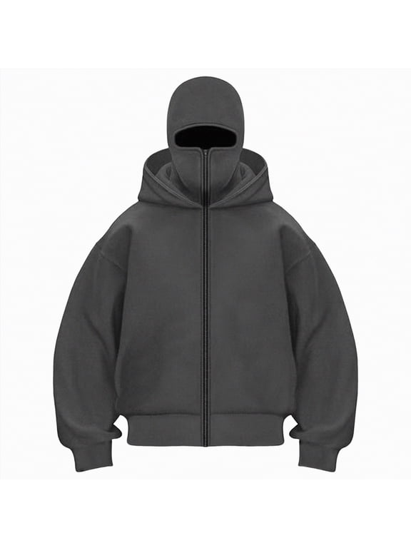 Balaclava Zip Hoodie Double Hood Y2K Winter Coats Built-In Eye Mask Jacket Hooded Sweatshirt, Unisex
