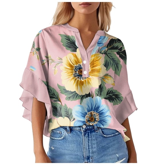 Towmus Blouses for Women 3/4 Ruffle Sleeve Summer Tops V Neck Business Work Blouse Dressy Casual Loose Shirts Floral Tops for Women S-2XL