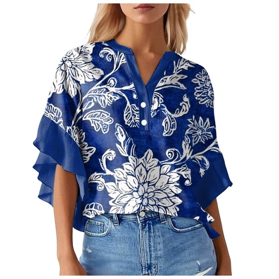 Towmus Blouses for Women 3/4 Ruffle Sleeve Summer Tops V Neck Business Work Blouse Dressy Casual Loose Shirts Floral Tops for Women S-2XL
