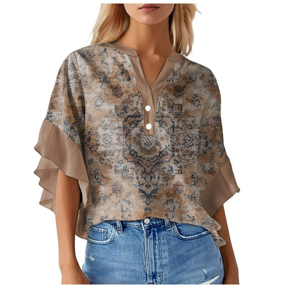 Towmus Blouses for Women 3/4 Ruffle Sleeve Summer Tops V Neck Business Work Blouse Dressy Casual Loose Shirts Floral Tops for Women S-2XL