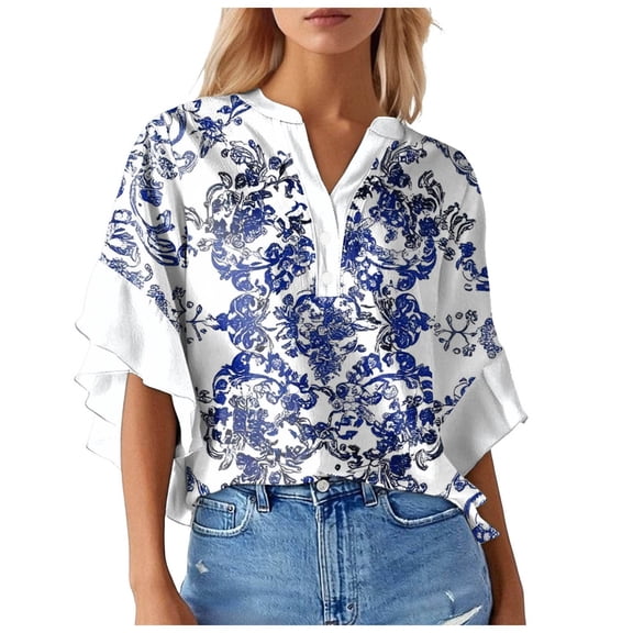 Towmus Blouses for Women 3/4 Ruffle Sleeve Summer Tops V Neck Business Work Blouse Dressy Casual Loose Shirts Floral Tops for Women S-2XL