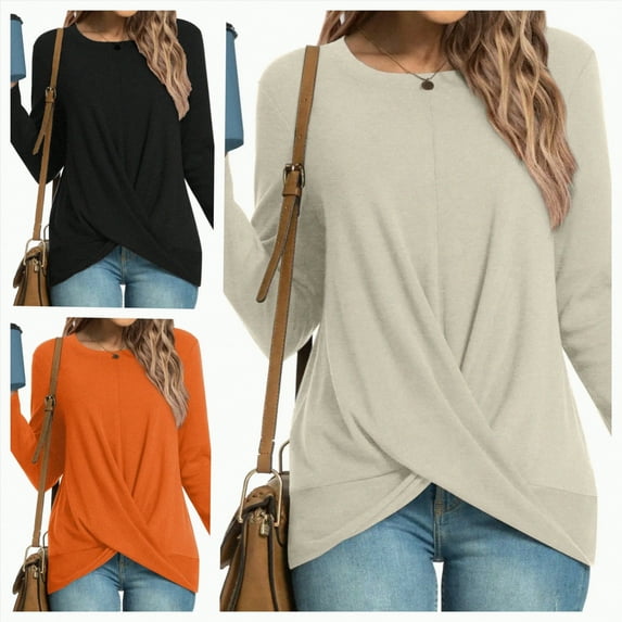 Towmus Blouses for Women Casual Dressy Long Sleeve Shirts Fashion Cross Hem Fall Tunic Tops