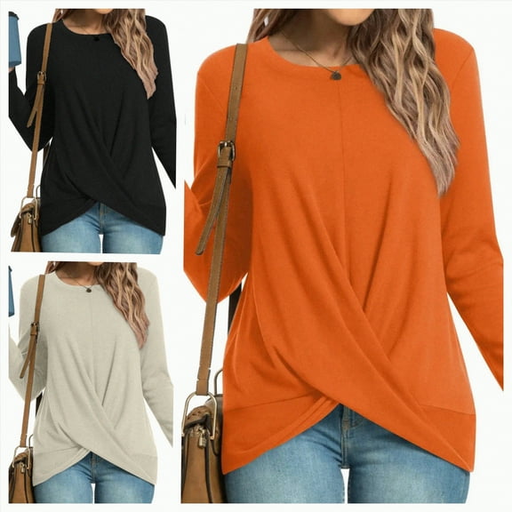 Towmus Blouses for Women Casual Dressy Long Sleeve Shirts Fashion Cross Hem Fall Tunic Tops