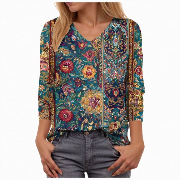 Towmus Blouses for Women Henley 3/4 Sleeve Shirts Dressy Casual Fall Tops Work Blouses