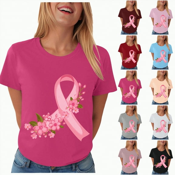 Towmus Breast Cancer Pink Women Plus Size Graphic Tees Pink Ribbon T Shirt Crew Neck Pullover Tops