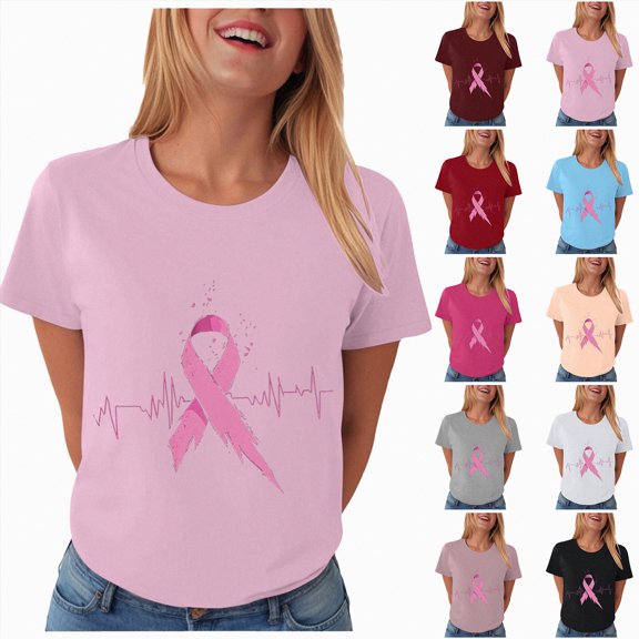 Towmus Breast Cancers Awareness T-Shirt Casual Short Sleeve Crew Neck T-Shirt Women Pinks Ribbon Printed Shirt