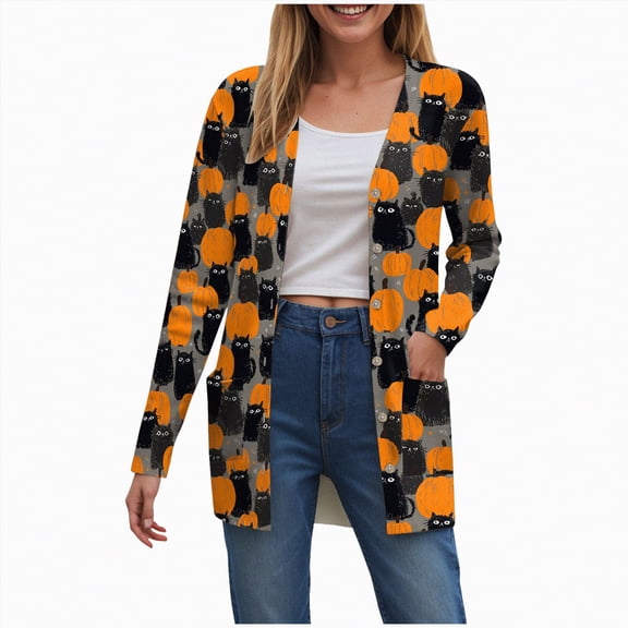 Towmus Cardigan Sweaters for Women Halloween Cat Sweaters for Womens Long Sleeve Open Front Fall Dusters V-Neck Jackets Dressy Loose Coat