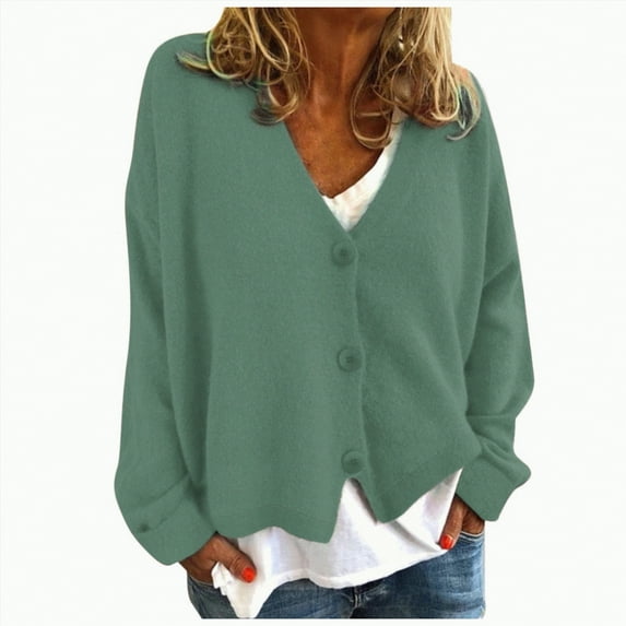 Towmus Cardigan Sweaters for Women Long Sleeve Open Front Button Down V Neck Soild Color Knit Cardigans Tops Outwear