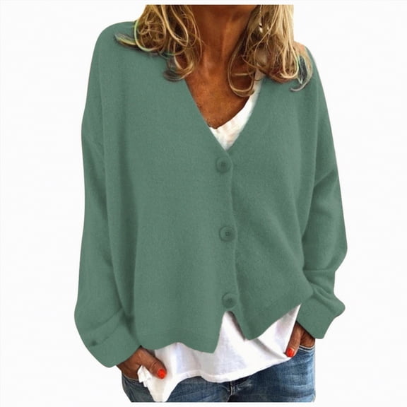Towmus Cardigan Sweaters for Women Long Sleeve Open Front Button Down V Neck Soild Color Knit Cardigans Tops Outwear